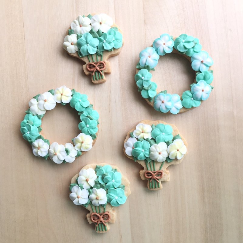 (请询问档期再下单喔)  乡村花束与花圈 5片组糖霜饼干 - 手工饼干 - 新鲜食材 多色