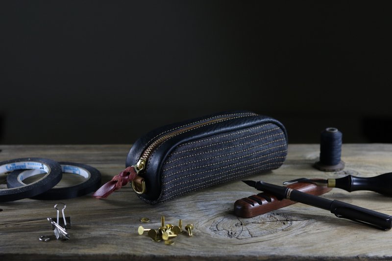 植鞣牛革拼接单宁布笔袋/收纳袋(黑涩)-绅士直条纹 - 铅笔盒/笔袋 - 真皮 黑色