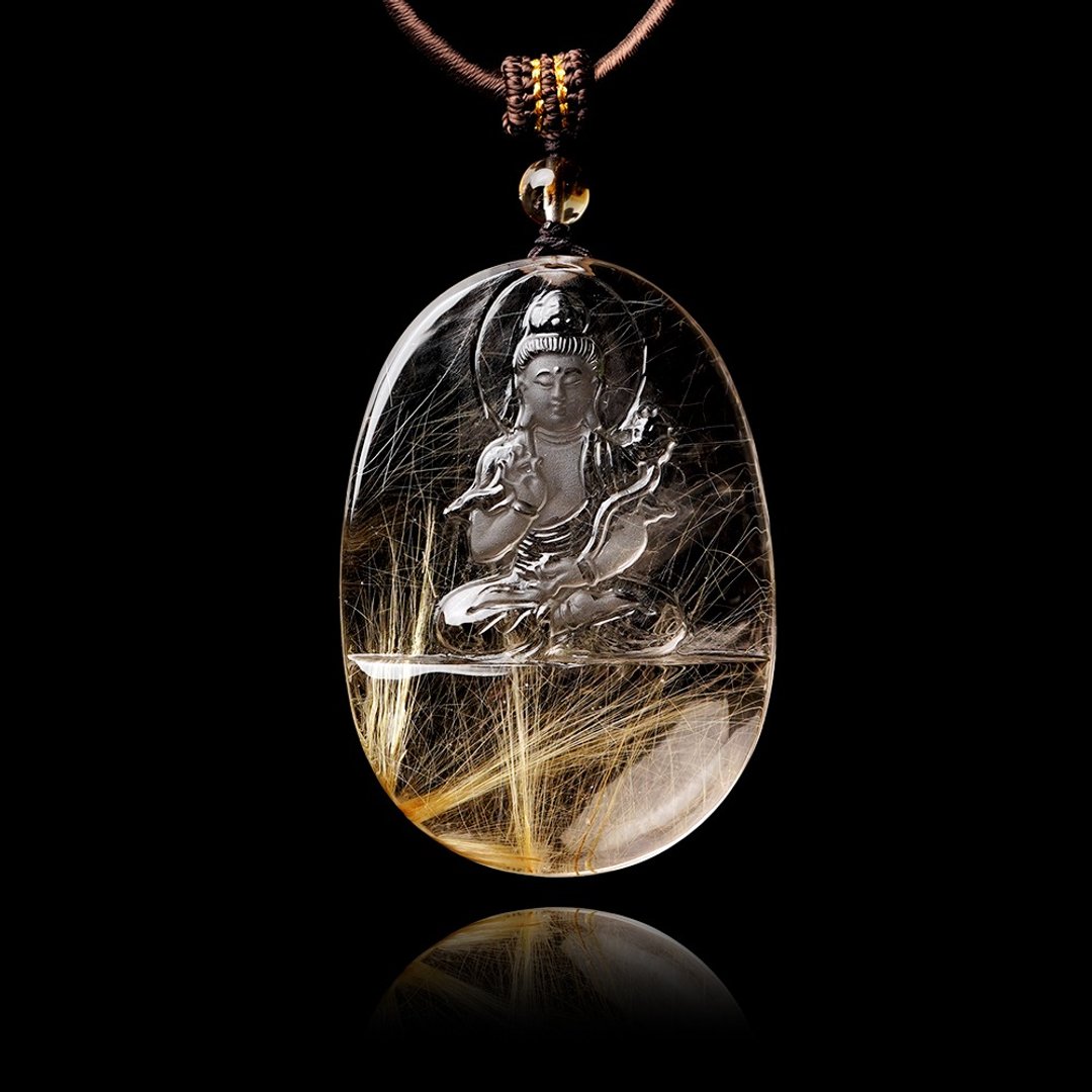 【正佳珠宝】金钛晶 超顶级玻璃体细丝钛 大势至菩萨 46.3g 金钛 - 项链 - 半宝石 多色