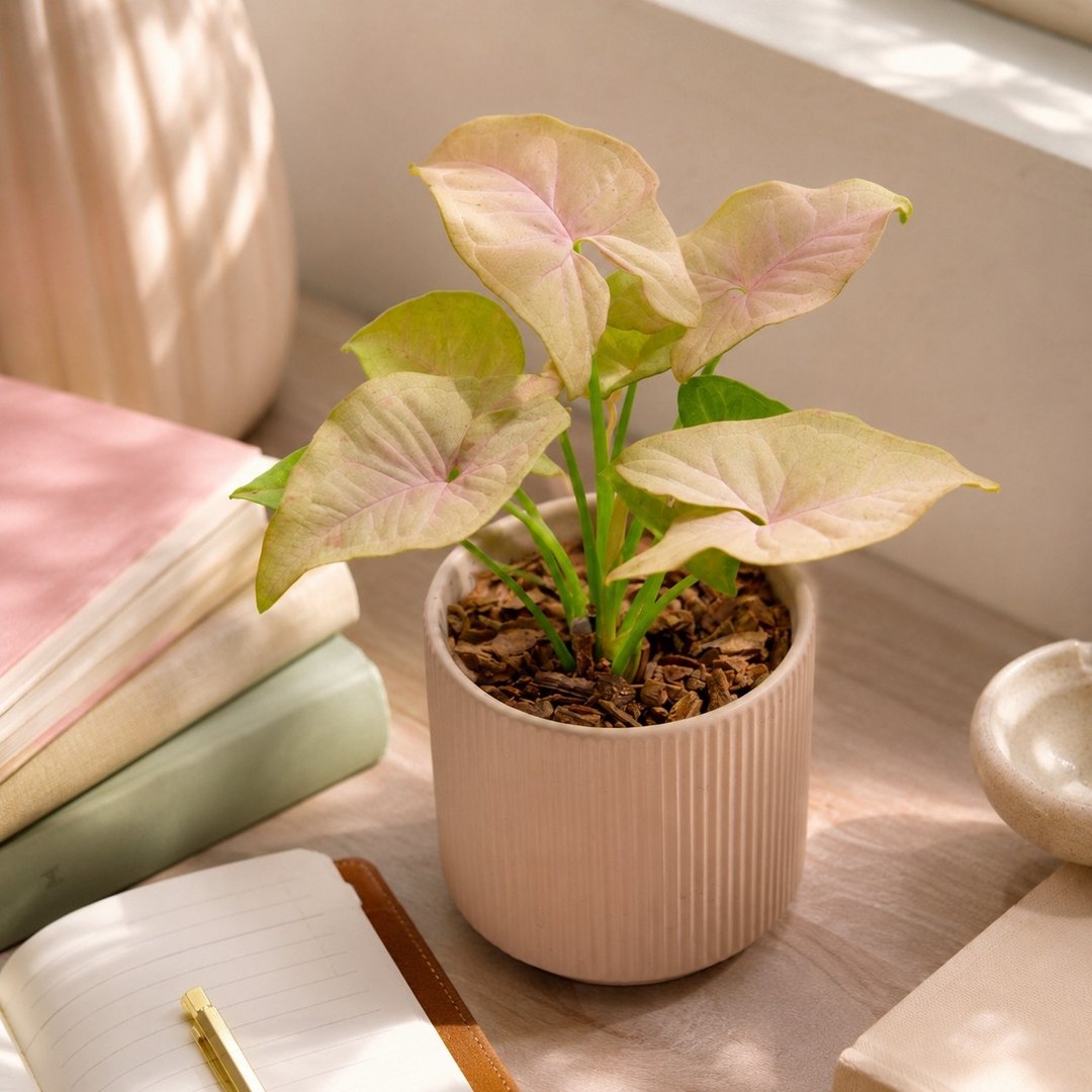 粉红佳人合果芋 莫兰迪色系直纹陶盆 室内植物 观叶植物 礼物 盆 - 植栽/盆栽 - 植物．花 粉红色