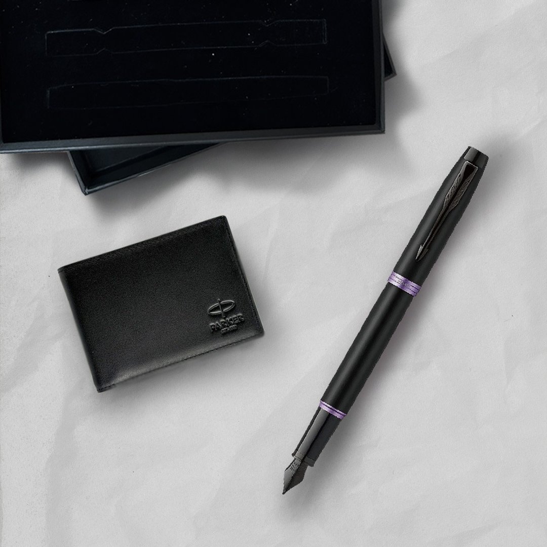 Parker 派克新IM 魅影黑(紫环)钢笔 牛皮短夹礼盒 免费刻字 - 钢笔 - 其他金属 黑色