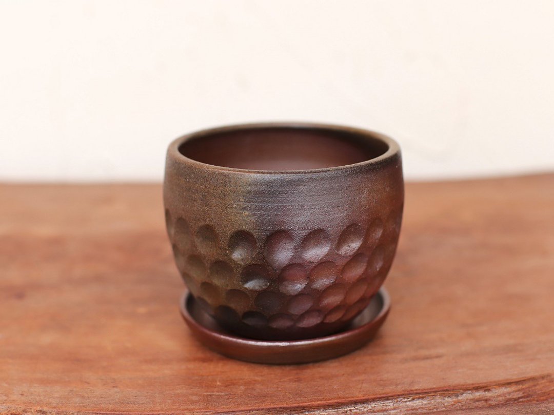 Bizen ware flowerpot (with saucer) u-053 - 植栽/盆栽 - 陶 咖啡色
