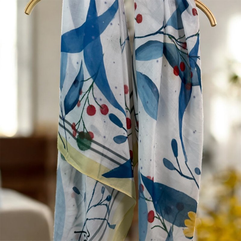 Me time系列2 - . Gentle and firm 120cm棉柔大方巾 白底花纹黄 - 围巾/披肩 - 棉．麻 