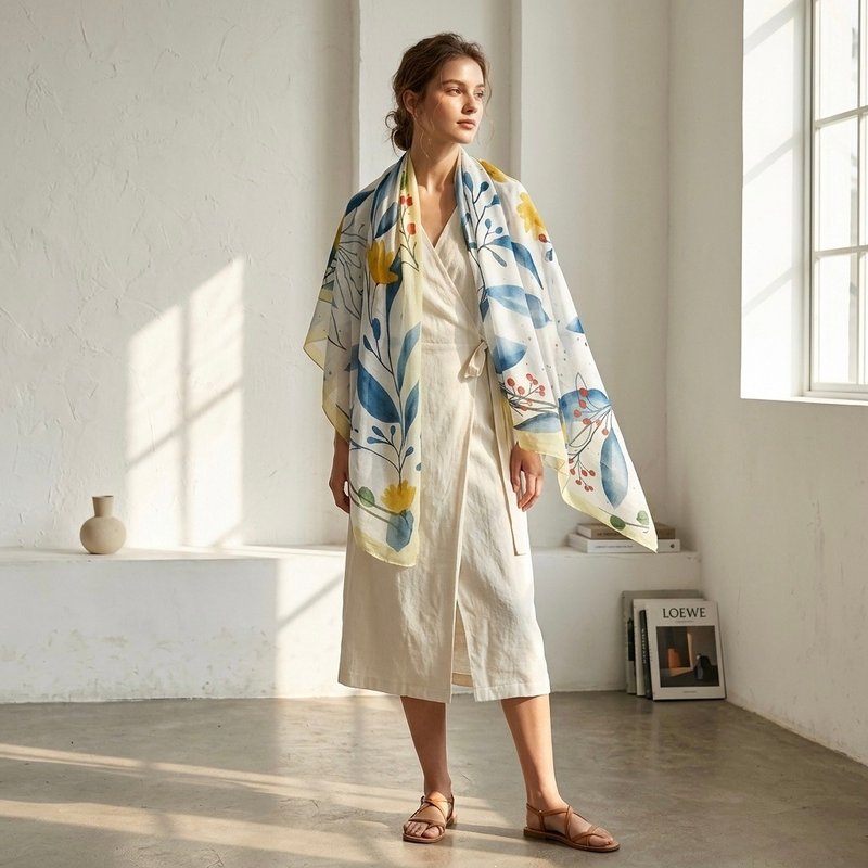 Gentle and firm 120cm棉柔大方巾 白底花纹黄边 礼盒装 - 围巾/披肩 - 棉．麻 