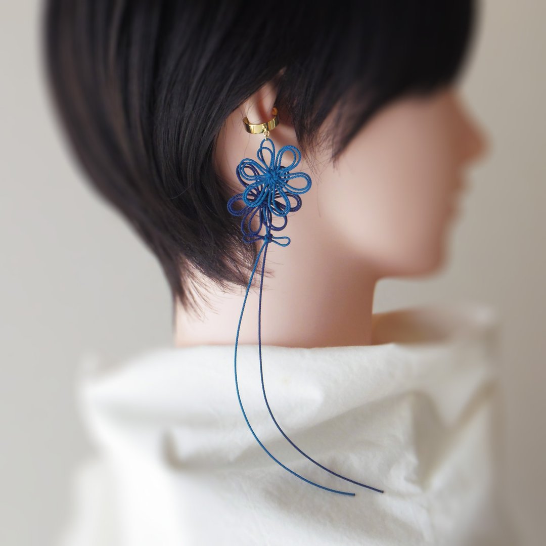 日式绳结单耳环 适合浴衣、和服及日常穿搭【轻巧和风】 - 耳环/耳夹 - 聚酯纤维 蓝色