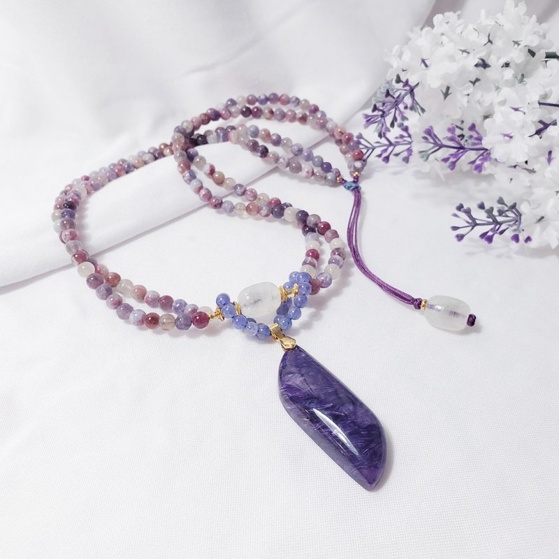 天然 紫龙晶 蓝晕月光石 丹泉石 梅花碧玺 智慧 富贵 项链 仅一件 - 项链 - 宝石 紫色