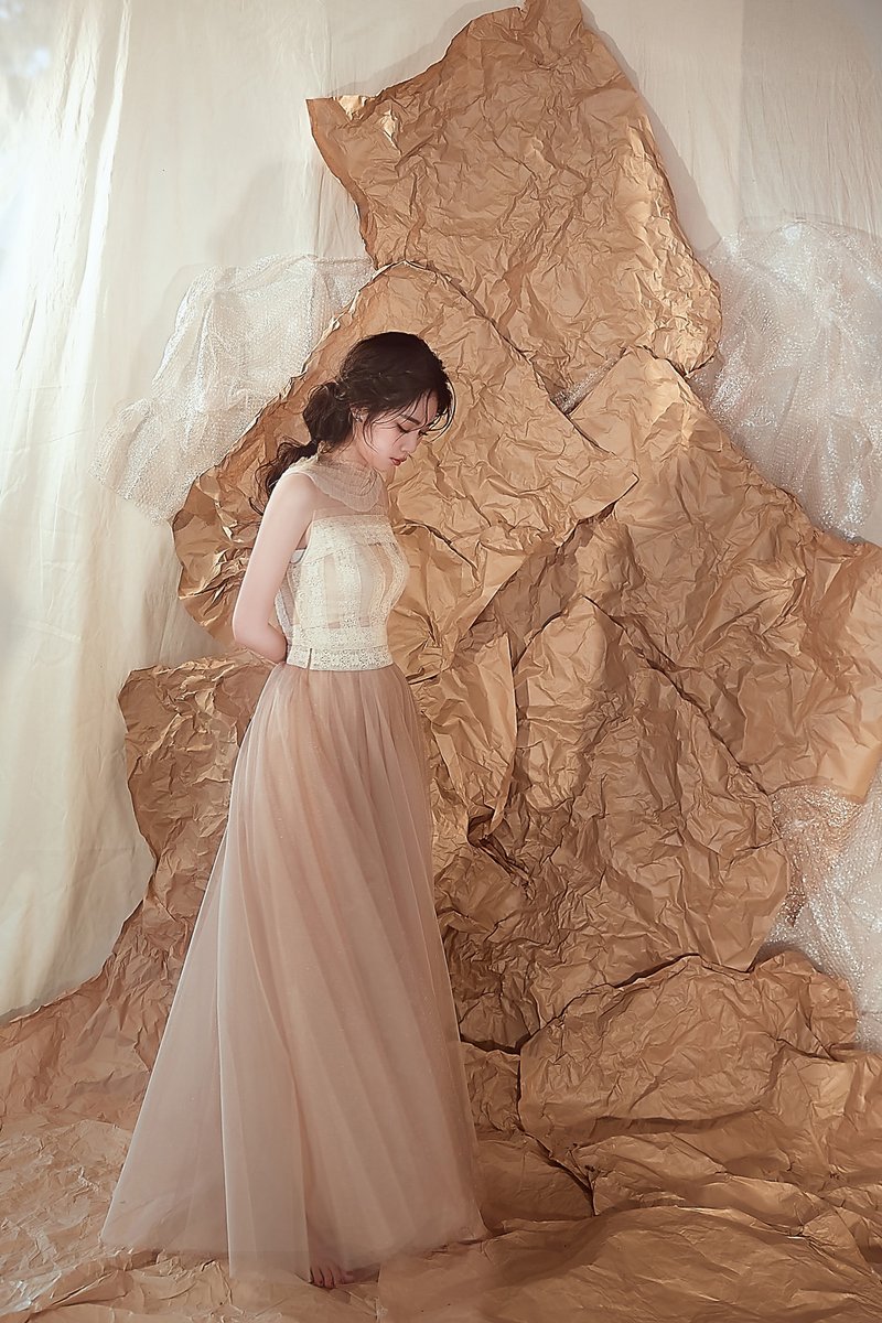 蕾丝气质纱裙洋装-午后图书馆幻想 - 晚装/礼服 - 其他材质 卡其色