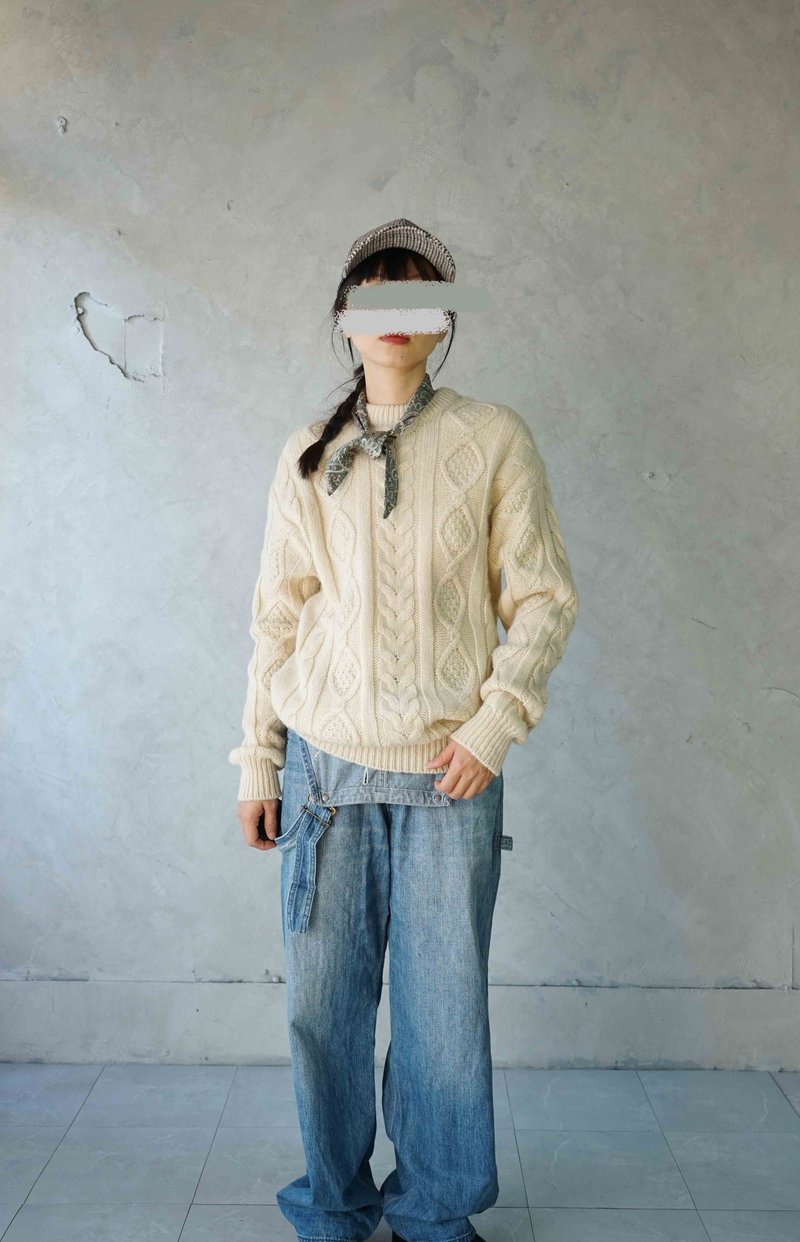寻宝古着-经典白色麻花毛料渔夫毛衣 - 女装针织衫/毛衣 - 羊毛 白色