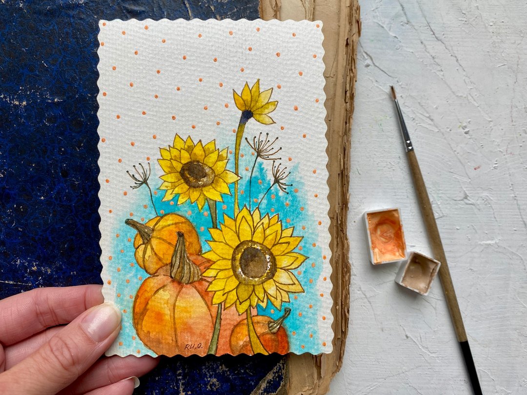 Sunflower painting Pumpkin Original art Fall watercolor Gallery wall art - 海报/装饰画/版画 - 纸 多色