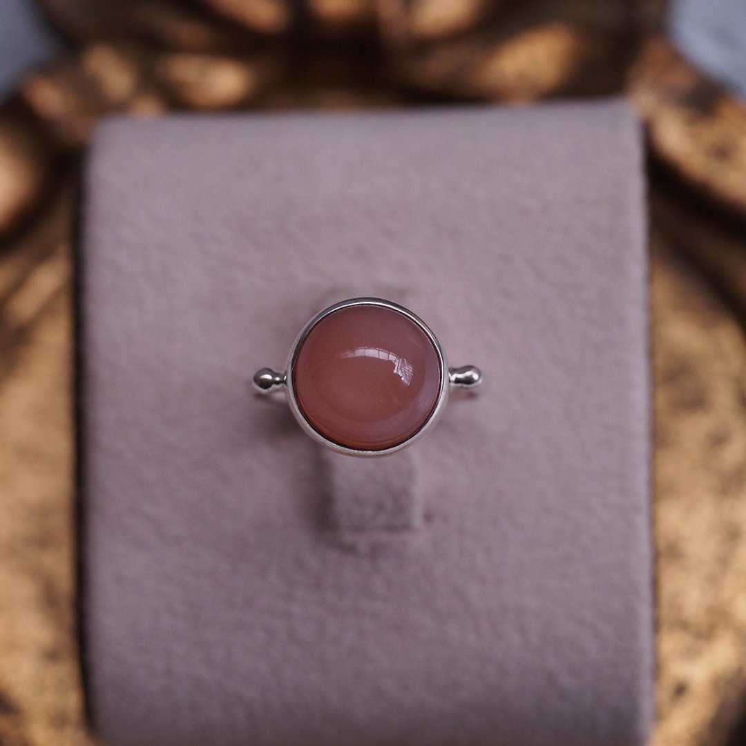 橙色月光石 桃色月光石 大颗手工纯银戒指 Orange Moonstone ring - 戒指 - 半宝石 橘色