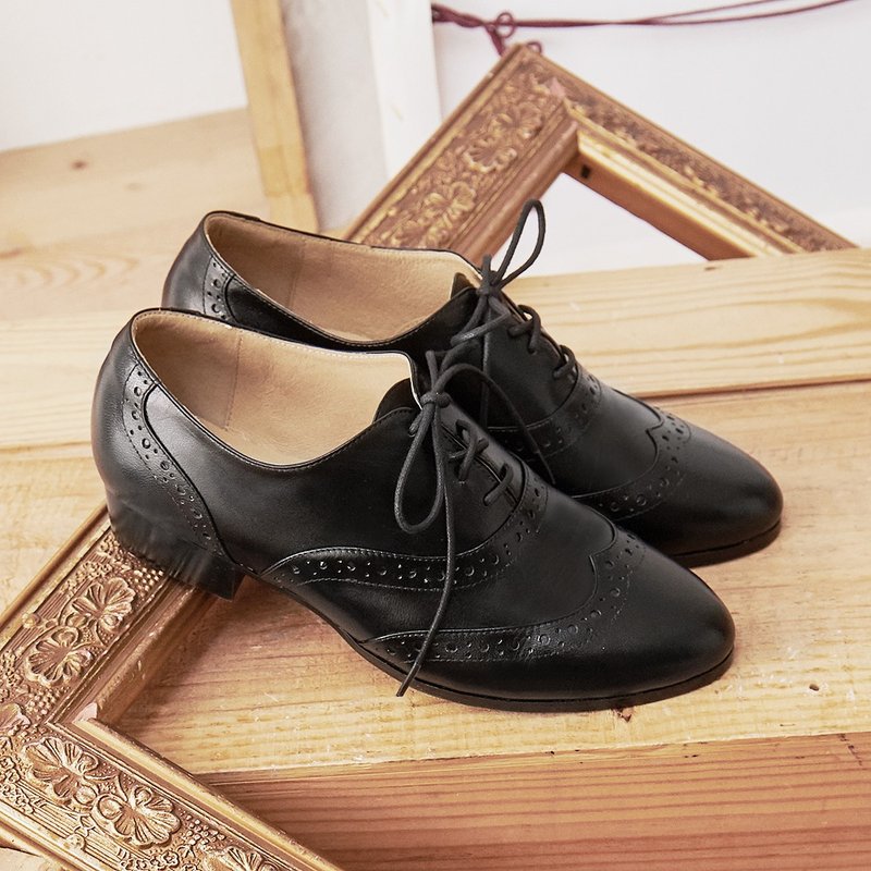 黑色 真皮绑带低跟牛津鞋 - 女款牛津鞋/乐福鞋 - 真皮 