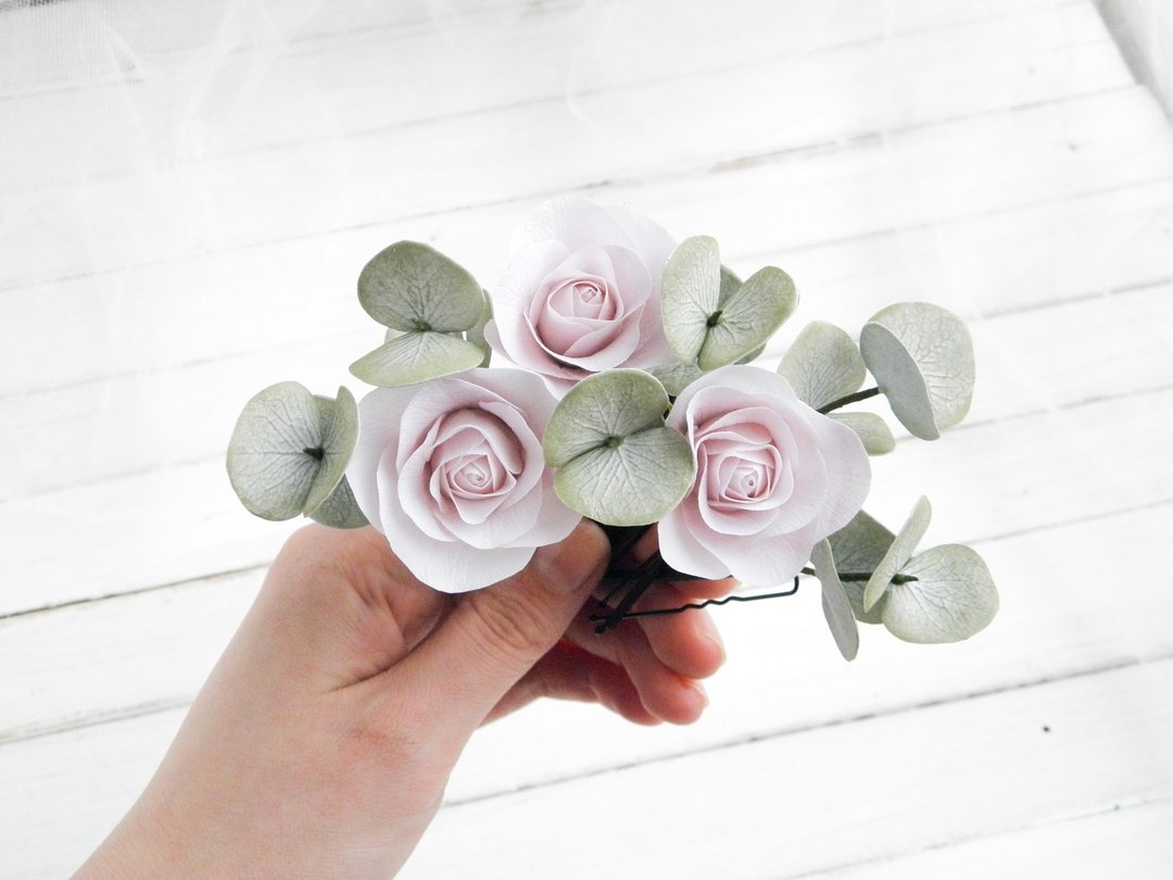 Dusty pink roses Flower hair pins White roses Bridal hair pin Wedding hair piece - 发饰 - 其他材质 粉红色