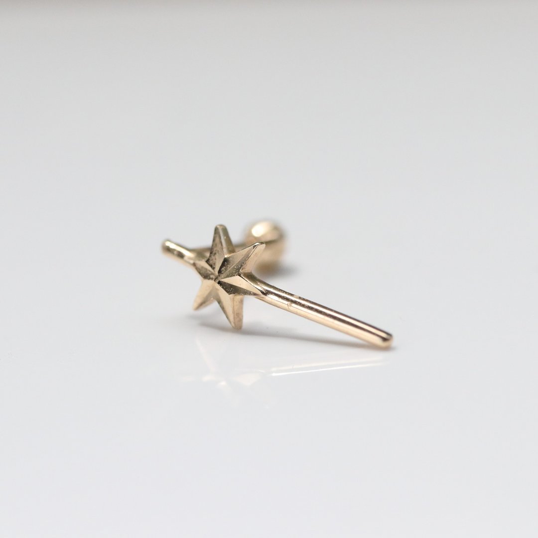14K 金星星直条锁珠耳环 (单个)耳骨 耳窝 不退色 - 耳环/耳夹 - 贵金属 金色