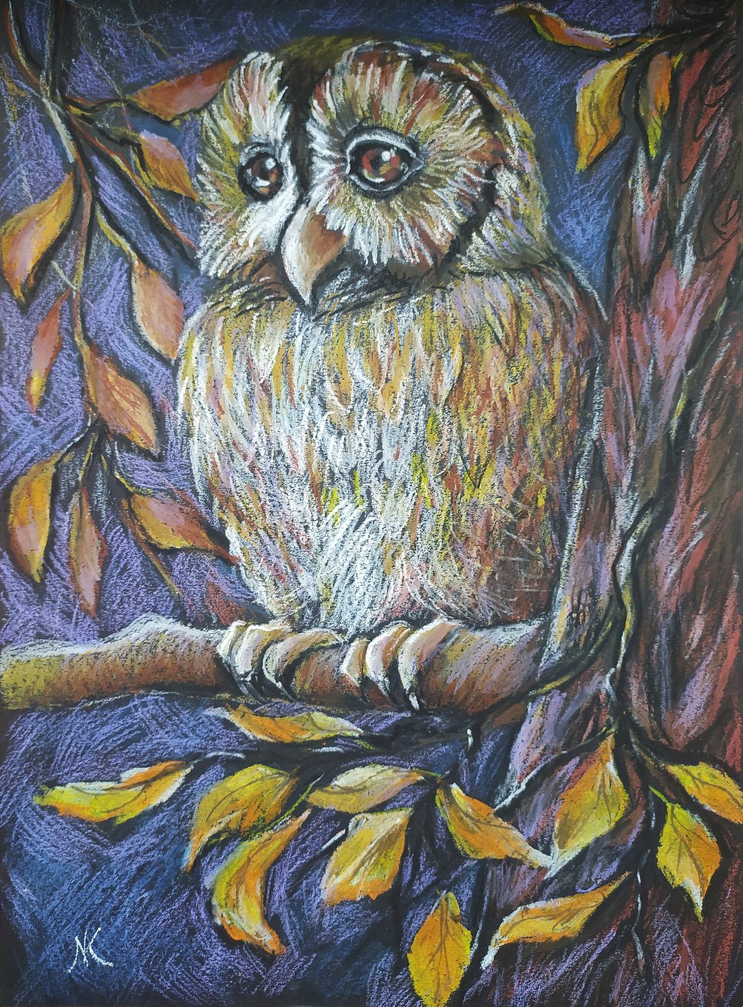 秋天森林里的猫头鹰画油画粉彩原始艺术鸟画肖像 - 墙贴/壁贴 - 纸 橘色