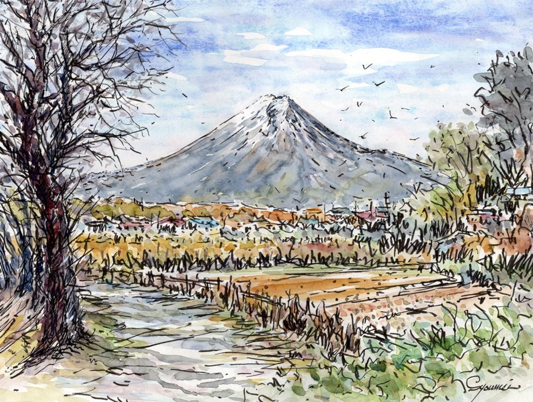 水彩画原画 忍野的富士山 - 海报/装饰画/版画 - 纸 咖啡色