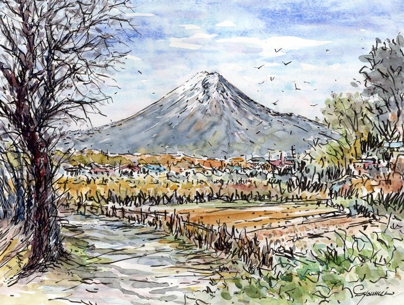 水彩画原画 忍野的富士山 - 海报/装饰画/版画 - 纸 咖啡色