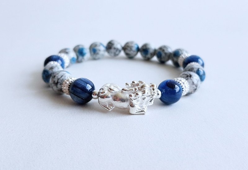 宝石系 白神兽 天然矿石K2 Blue蓝铜矿 蓝晶石 925纯银貔貅 手链 - 手链/手环 - 宝石 蓝色