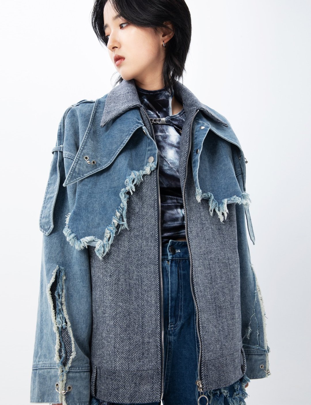 unnone item毛呢拼接牛仔外套 denim and woolen one piece coat - 女装休闲/机能外套 - 羊毛 蓝色