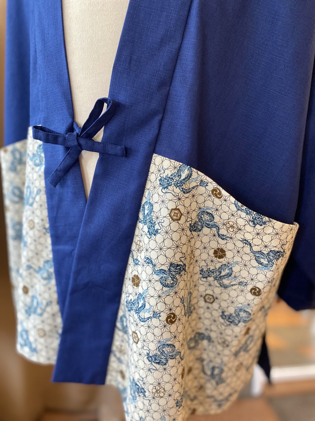 独家设计 日式龙纹 麻の叶 手工和式外套 / 长袖款 - 男装外套 - 棉．麻 蓝色