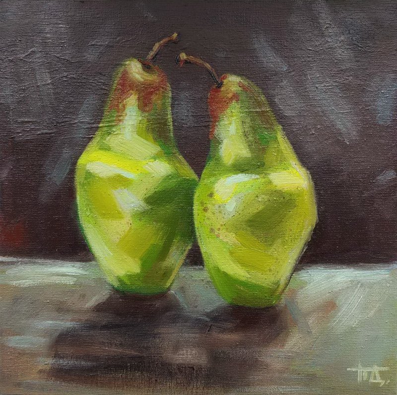 Original oil painting on canvas Still life Green pears 20x20 cm Impressionism - 其他 - 其他材质 多色