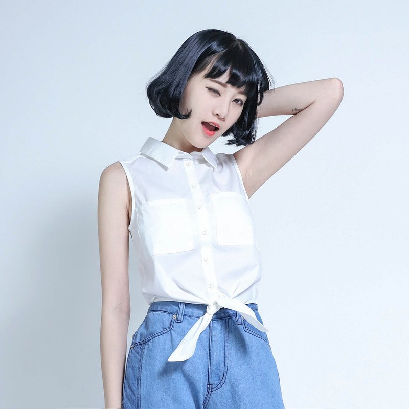 SU:MI said Tie 绑结无袖衬衫_5SF303_白 - 女装衬衫 - 棉．麻 白色