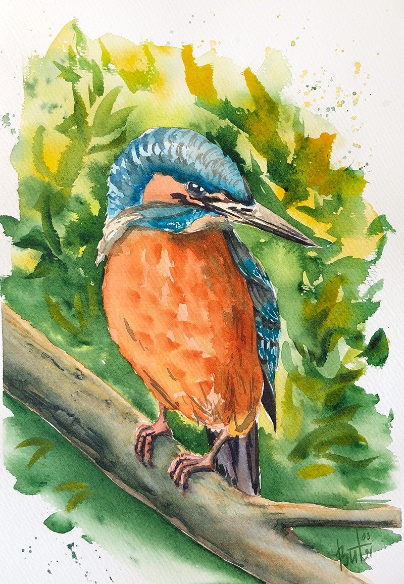 Kingfisher Painting Blue Bird Original Artwork Tiny Bird Portrait Watercolor - 海报/装饰画/版画 - 纸 绿色