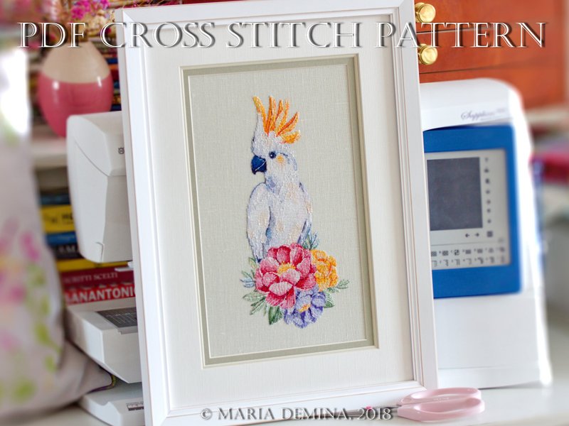 Watercolor Cockatoo and Flowers PDF cross stitch pattern - 手工艺教程/工具书 - 其他材质 