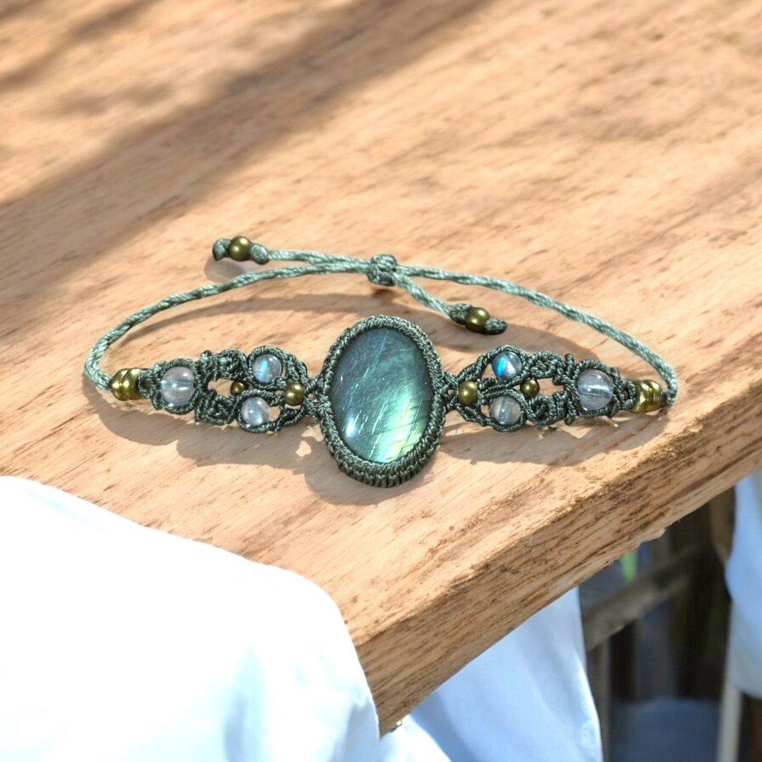 Crystoria Stone | Macrame | 南美蜡线 | 手链 | 蓝光拉长石 - 手链/手环 - 宝石 绿色