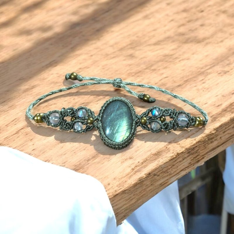 Crystoria Stone | Macrame | 南美蜡线 | 手链 | 蓝光拉长石 - 手链/手环 - 宝石 绿色