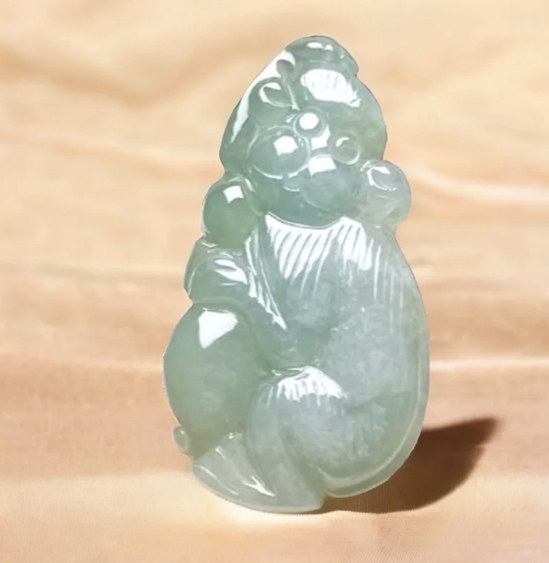 【好彩头】冰种飘绿翡翠猴子项链 | 天然缅甸玉A货翡翠 | 送礼 - 项链 - 玉石 绿色
