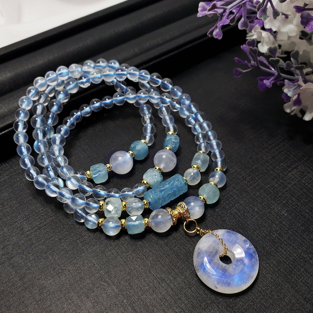 天然 蓝月光 海蓝宝 平安扣 回纹 吉祥 108手串 念珠 5.6mm 单品 - 手链/手环 - 宝石 蓝色