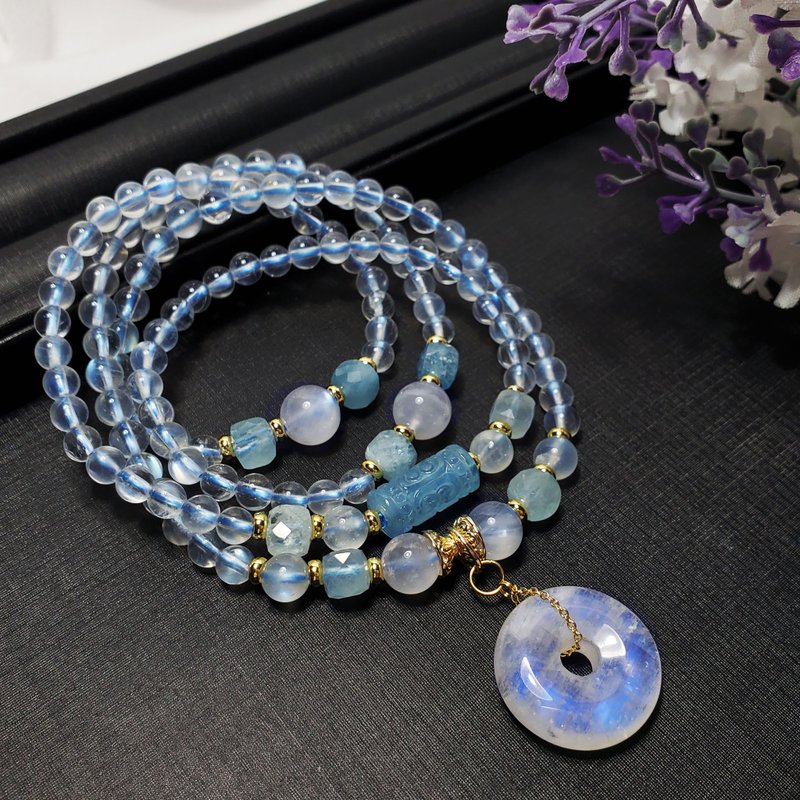 天然 蓝月光 海蓝宝 平安扣 回纹 吉祥 108手串 念珠 5.6mm 单品 - 手链/手环 - 宝石 蓝色