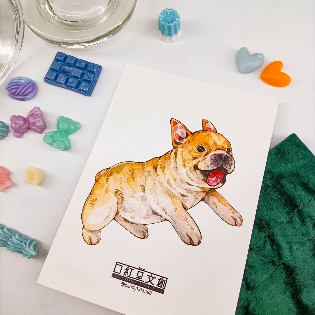 KR474_口紅堂明信片_法國鬥牛犬6_candy1313588 postcard - 卡片/明信片 - 纸 多色