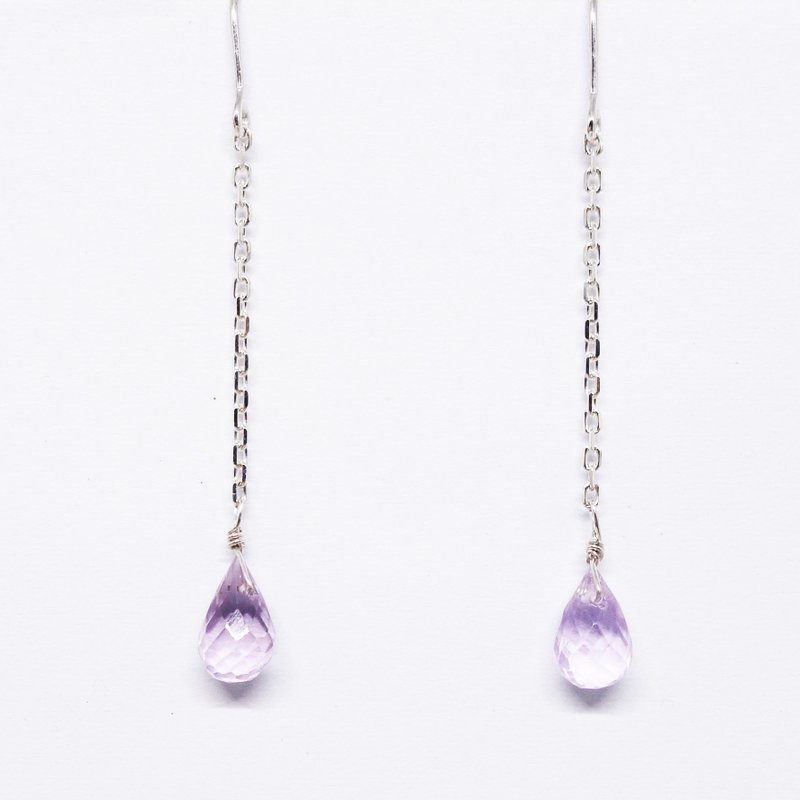 Amethyst briolette long chain earrings SV925 【Pio by Parakee】紫水晶耳環 - 耳环/耳夹 - 宝石 紫色