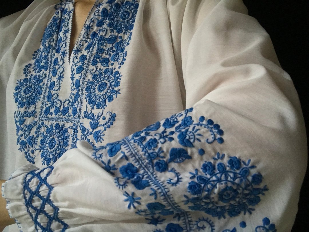 1970年代 瑞士手工刺绣花卉长袖衬衫/上衣 - 女装上衣 - 棉 