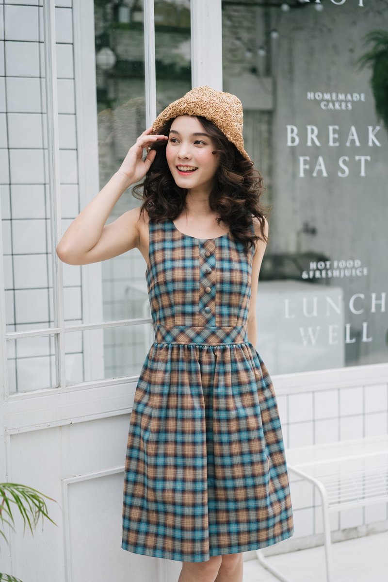 Checkered Dress Plaid Dress Gingham Dress Cotton Blue Brown Dress Vintage Style - 洋装/连衣裙 - 棉．麻 蓝色