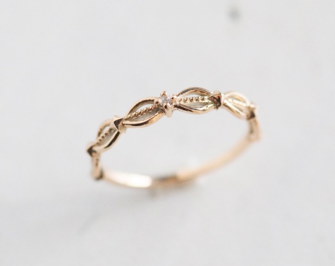 Lace pattern gold ring K10YG / diamond [made to order] - 戒指 - 贵金属 金色