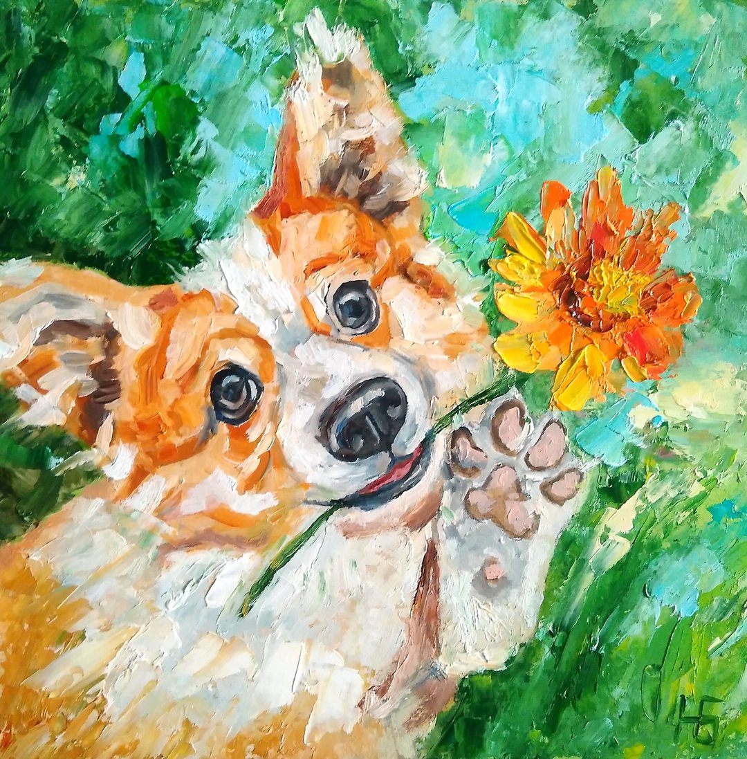 Dog Original Oil Painting, Corgi Art, Funny Pet Portrait, Animalistic Wall Art - 海报/装饰画/版画 - 其他材质 多色