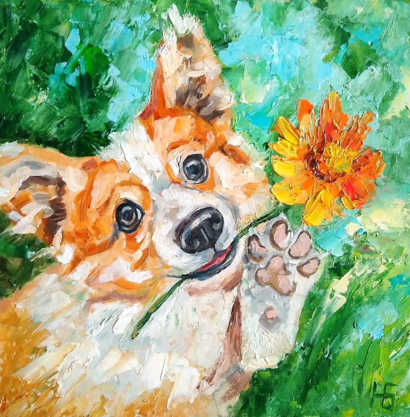 Dog Original Oil Painting, Corgi Art, Funny Pet Portrait, Animalistic Wall Art - 海报/装饰画/版画 - 其他材质 多色