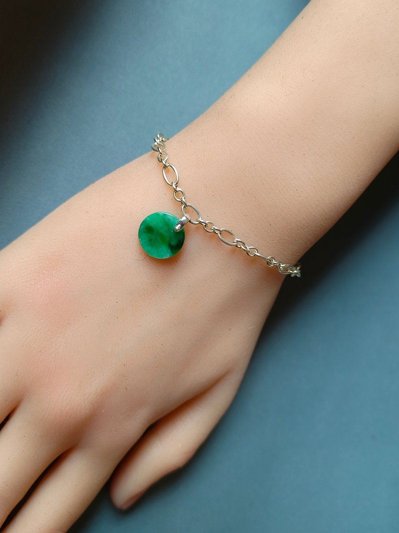圆心守护 | 天然缅甸绿翡翠无事牌纯银手链 | 平安转运・圆满相随 - 手链/手环 - 玉石 绿色