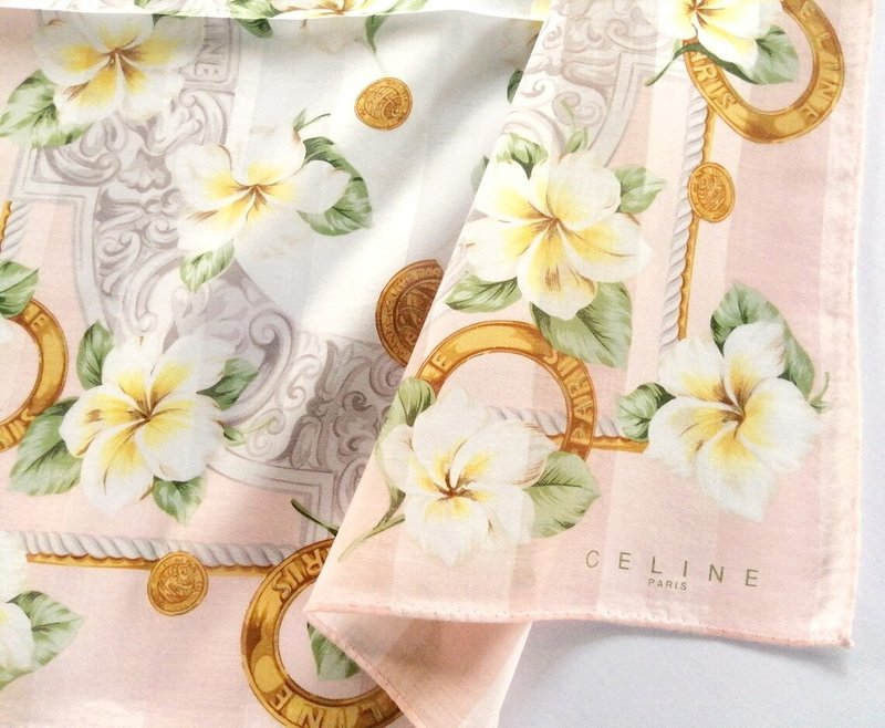 Celine Paris 古董手帕 白色缅栀子 - 钱币与戒指 21 x 20 英寸 - 手帕/方巾 - 棉．麻 黄色