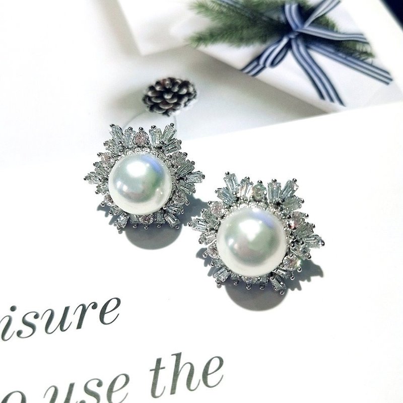 I JEWELRY 经典巴洛克八心八箭顶级锆石珍珠纯银耳环 纯银保证卡 - 耳环/耳夹 - 纯银 银色