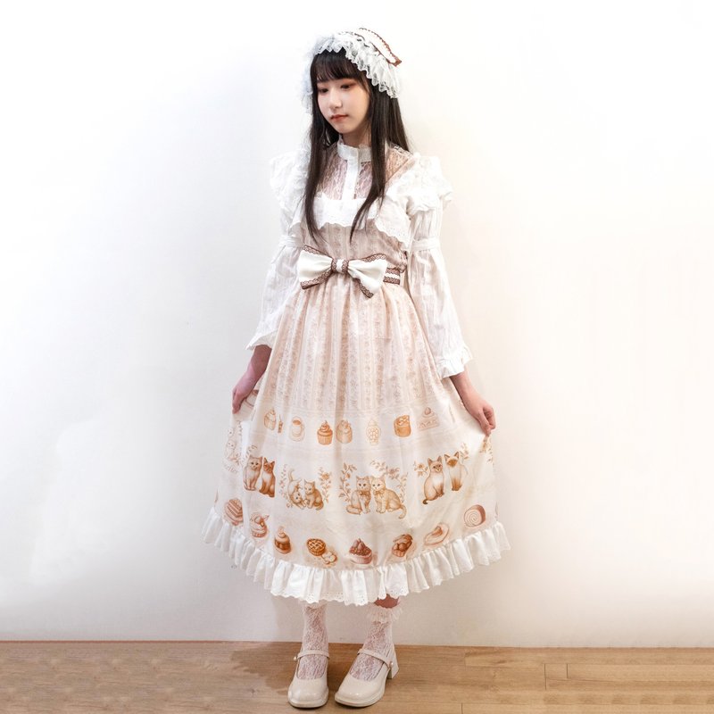法式奶油猫 JSK 大全套 茉纺原创印花 Lolita - 洋装/连衣裙 - 棉．麻 卡其色