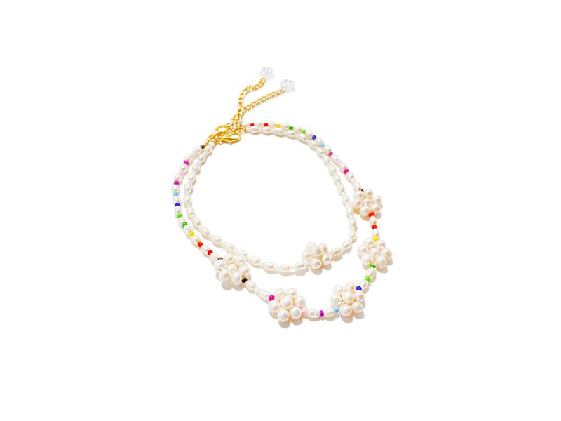 手工珍珠花花颈链2件套 - 项链 - 珍珠 白色