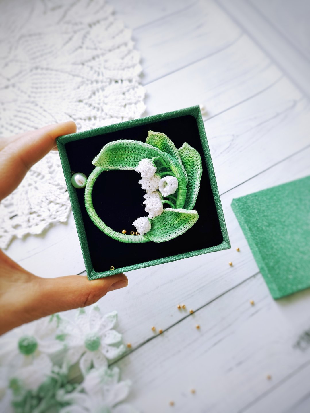 Lilly the valley PIN, 铃兰胸针, Flower 胸针, Lilly the valle - 胸针 - 棉 绿色