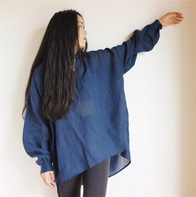 深藍色 法式工作罩衣 French Cotton Work Smock 植物染苎麻襯衣 - 女装上衣 - 棉．麻 蓝色