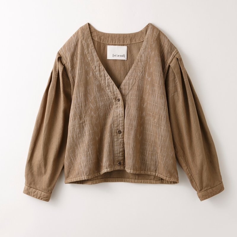 Cage pattern short cardigan brown 8514-08009-85 - 背带裤/连体裤 - 棉．麻 咖啡色