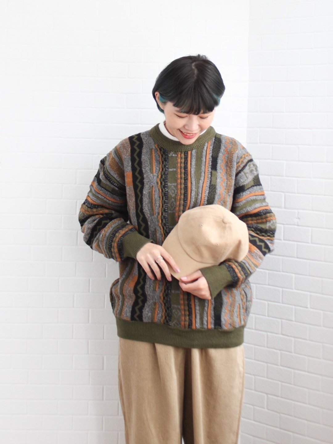 秋冬日本制日系复古中性个性几何条纹拼接绿色宽松针织古着毛衣上衣 - 女装针织衫/毛衣 - 羊毛 绿色