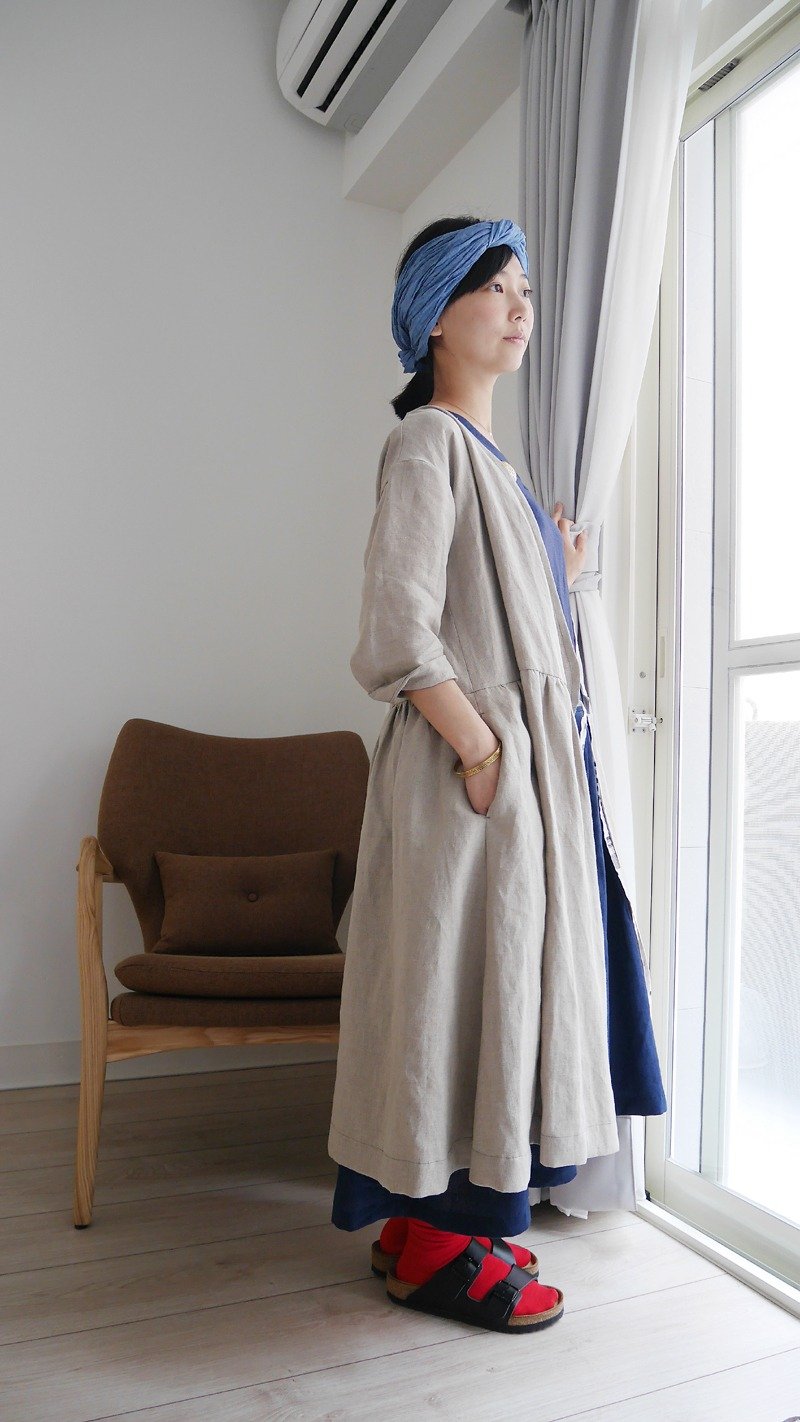手作亚麻原色前交叉绑带七分袖罩衫洋装 - 洋装/连衣裙 - 棉．麻 卡其色