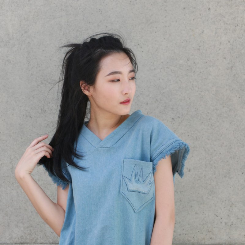 沐煦：Chu Chu袖牛仔落肩背心 - 女装上衣 - 棉．麻 